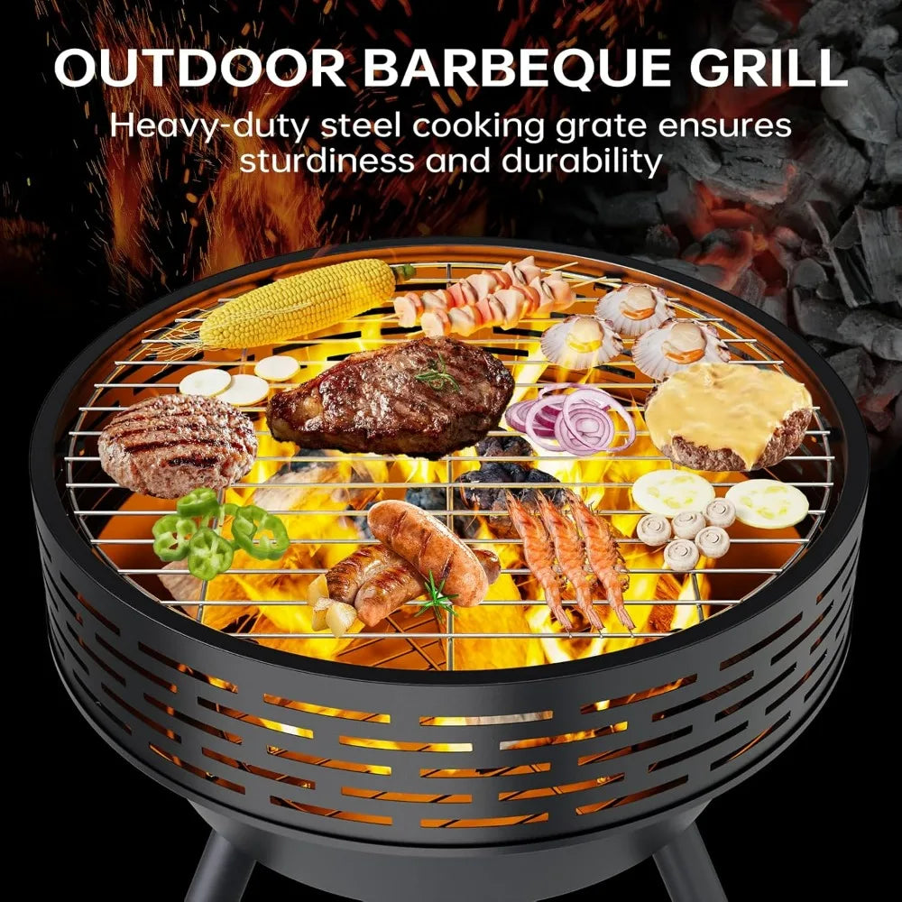 Wood-Burning Outdoor Fire Pit Heavy-Duty With Grill And Cover