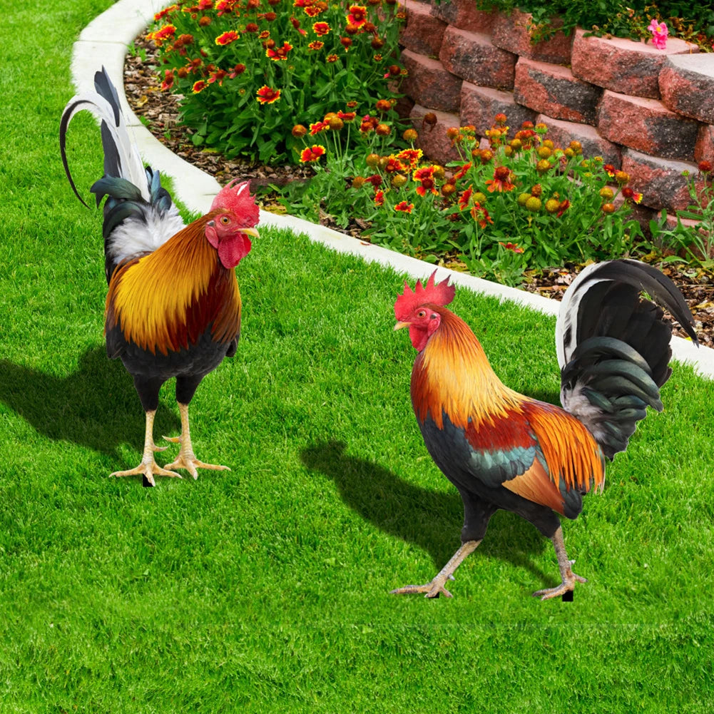 2 Pack Chicken Fence Sculptures Garden Decor Rooster Statues