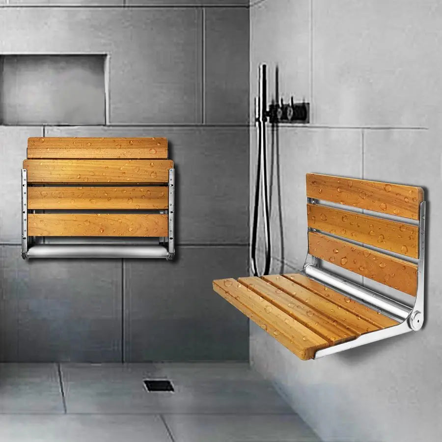 XMSJ Fold Down Teak Shower Seat With Stainless Steel Frame