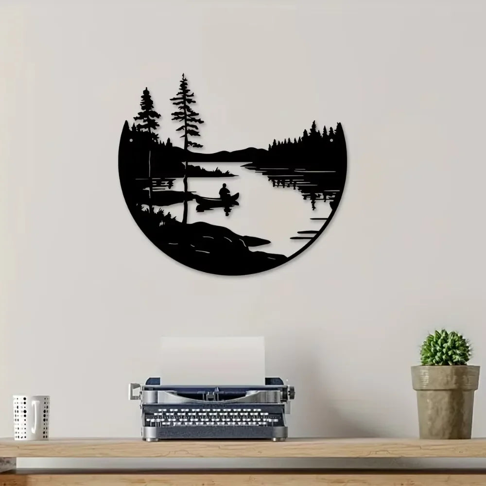 CIFBUY Round Metal Wall Art Bohemian Lake Mountain Silhouette Outdoor