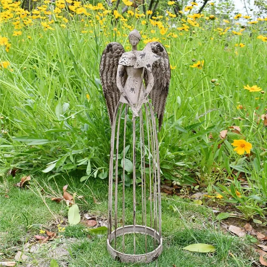 Rustic Metal Garden Angel Statue for Yard and Home Decor