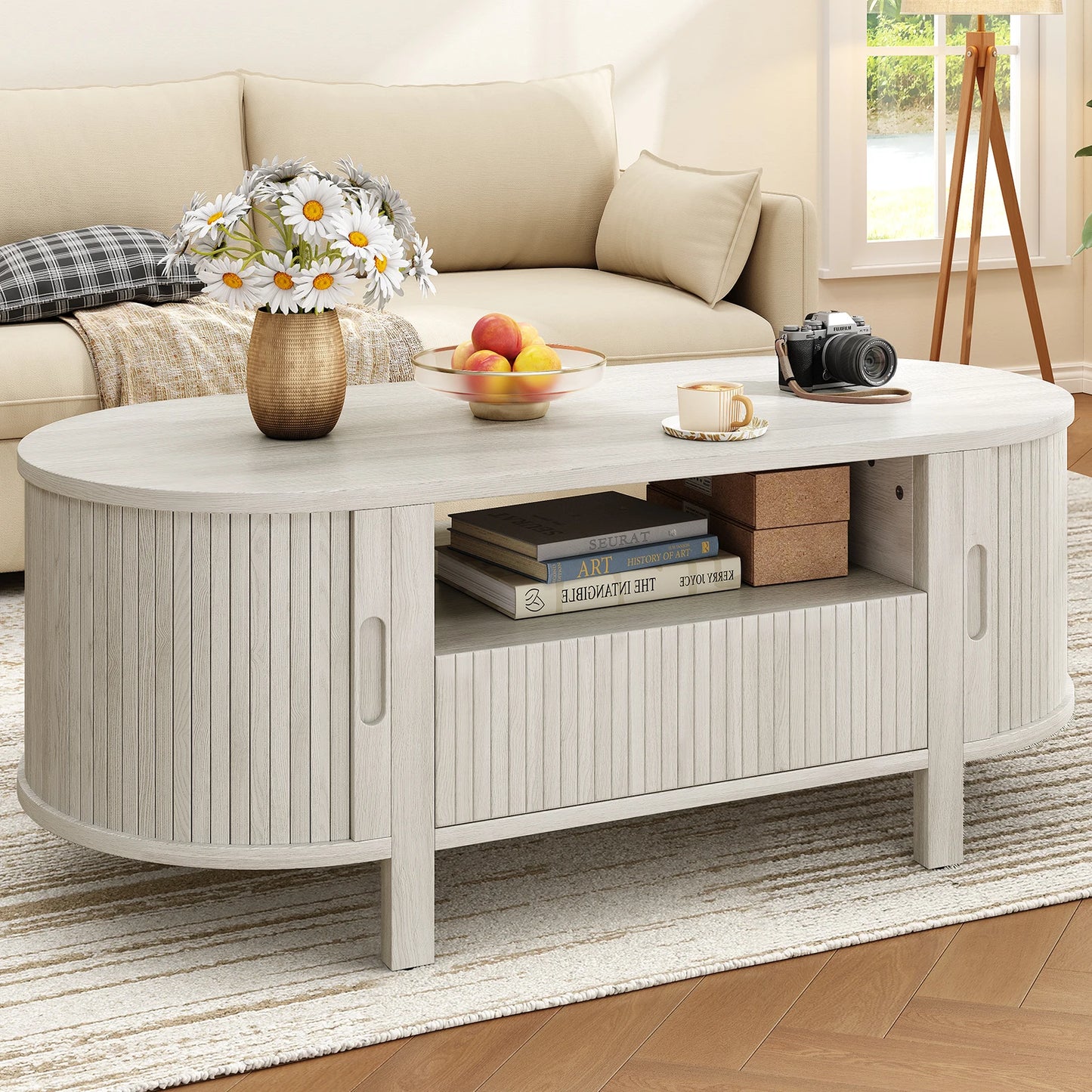 Oval Fluted Coffee Table With Cabinets And Sliding Doors Modern