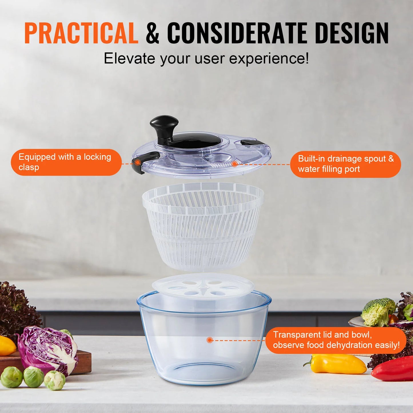 VEVOR Glass Salad Spinner One Handed Easy Press For Greens