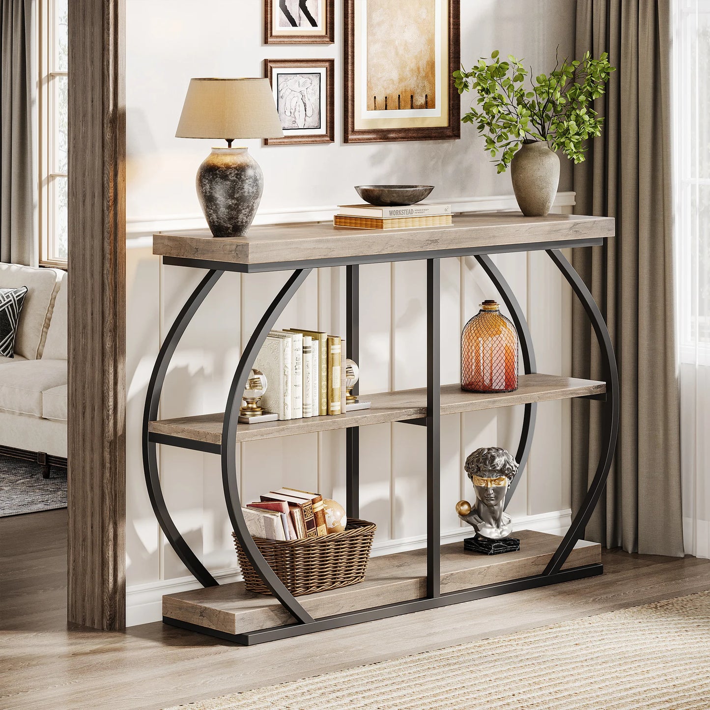Tribesigns Industrial SteelFrame Console Table ThreeTier Entryway With Storage Shelves