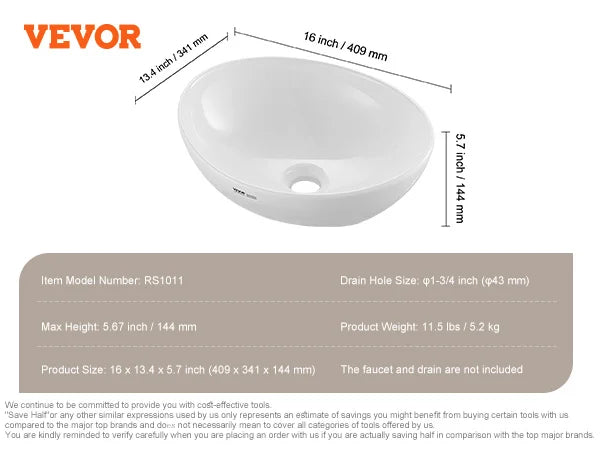 Ceramic Oval Vessel Sink for Countertop Bathroom and RV