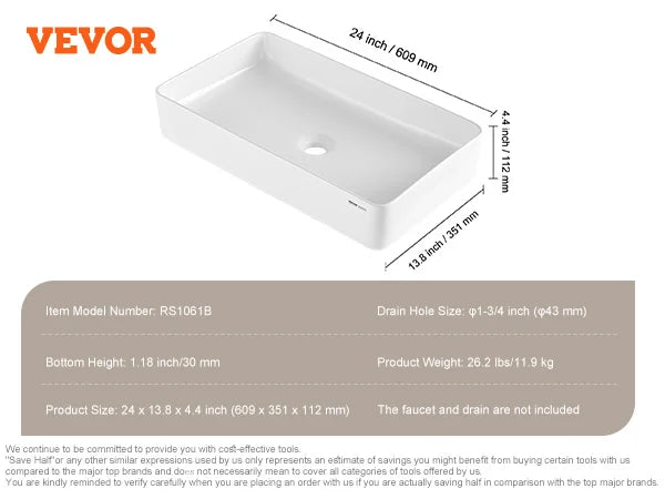 Rectangular Ceramic Vessel Sink For Above Counter Bathroom