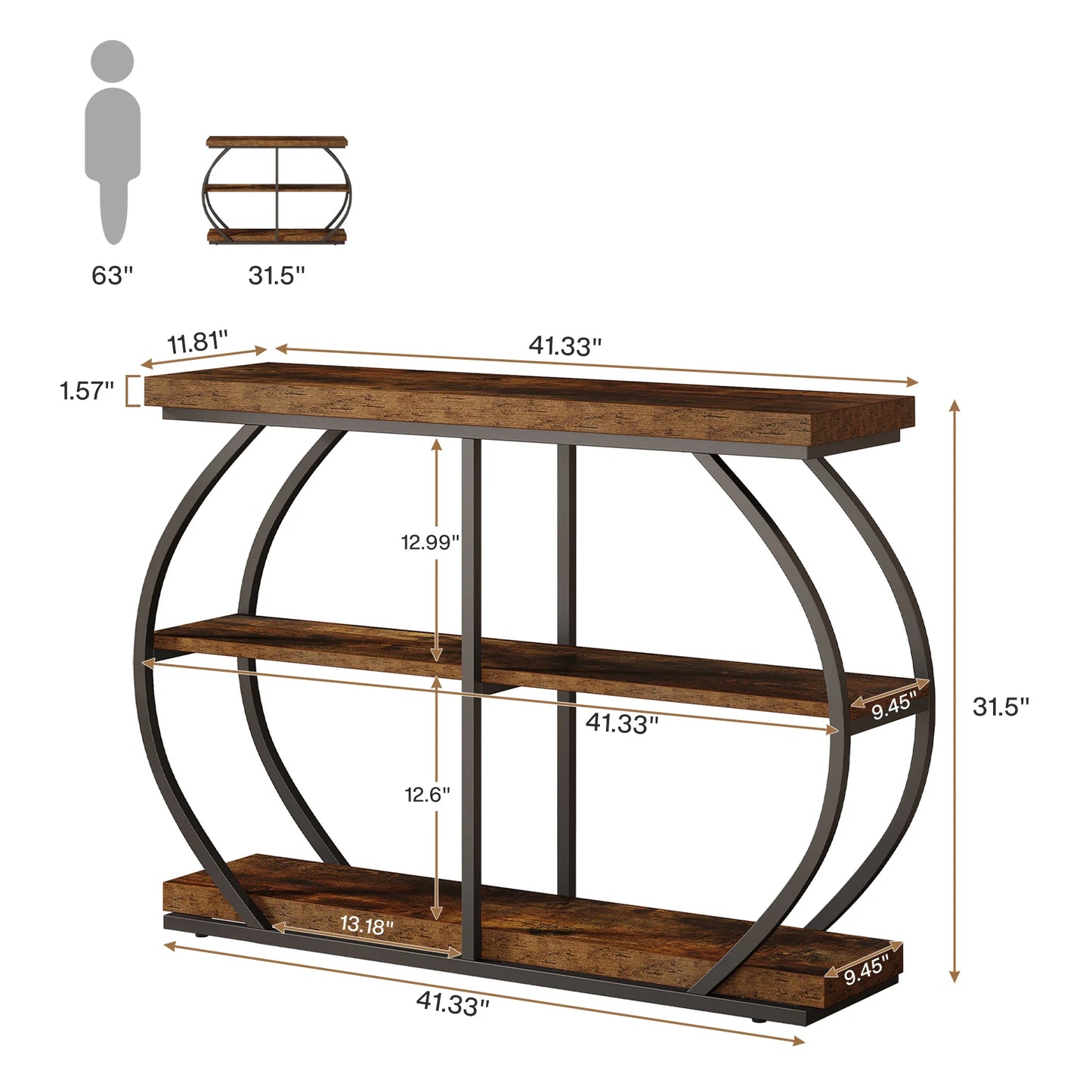 Tribesigns Industrial SteelFrame Console Table ThreeTier Entryway With Storage Shelves