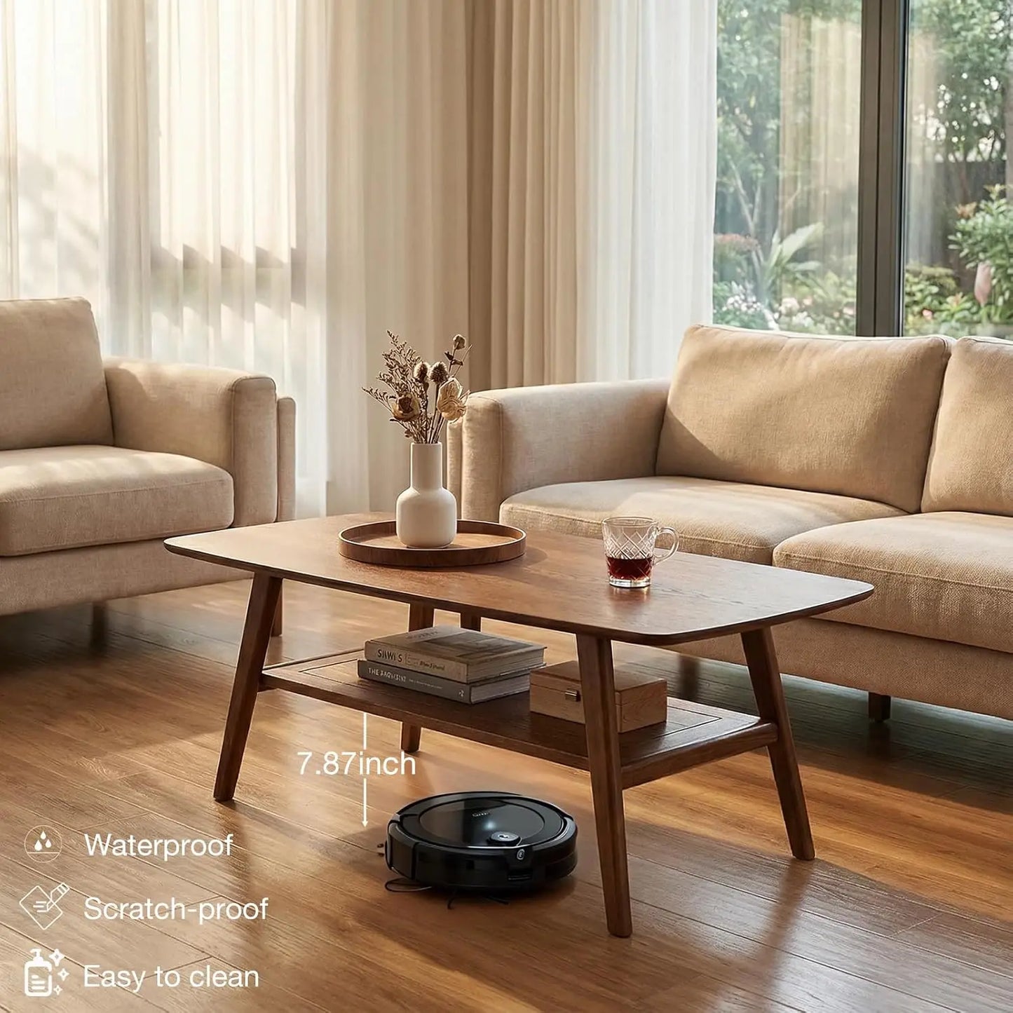 Mid Century Modern Solid Wood Coffee Table With Tier Storage