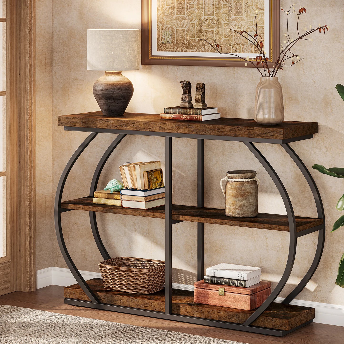 Tribesigns Industrial SteelFrame Console Table ThreeTier Entryway With Storage Shelves