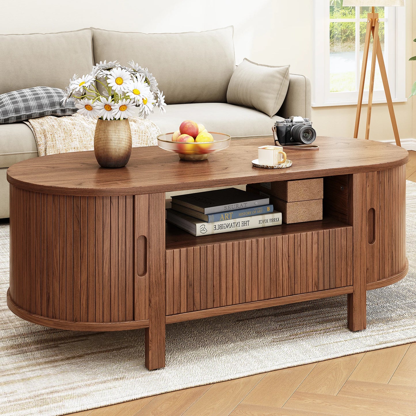 Oval Fluted Coffee Table With Cabinets And Sliding Doors Modern