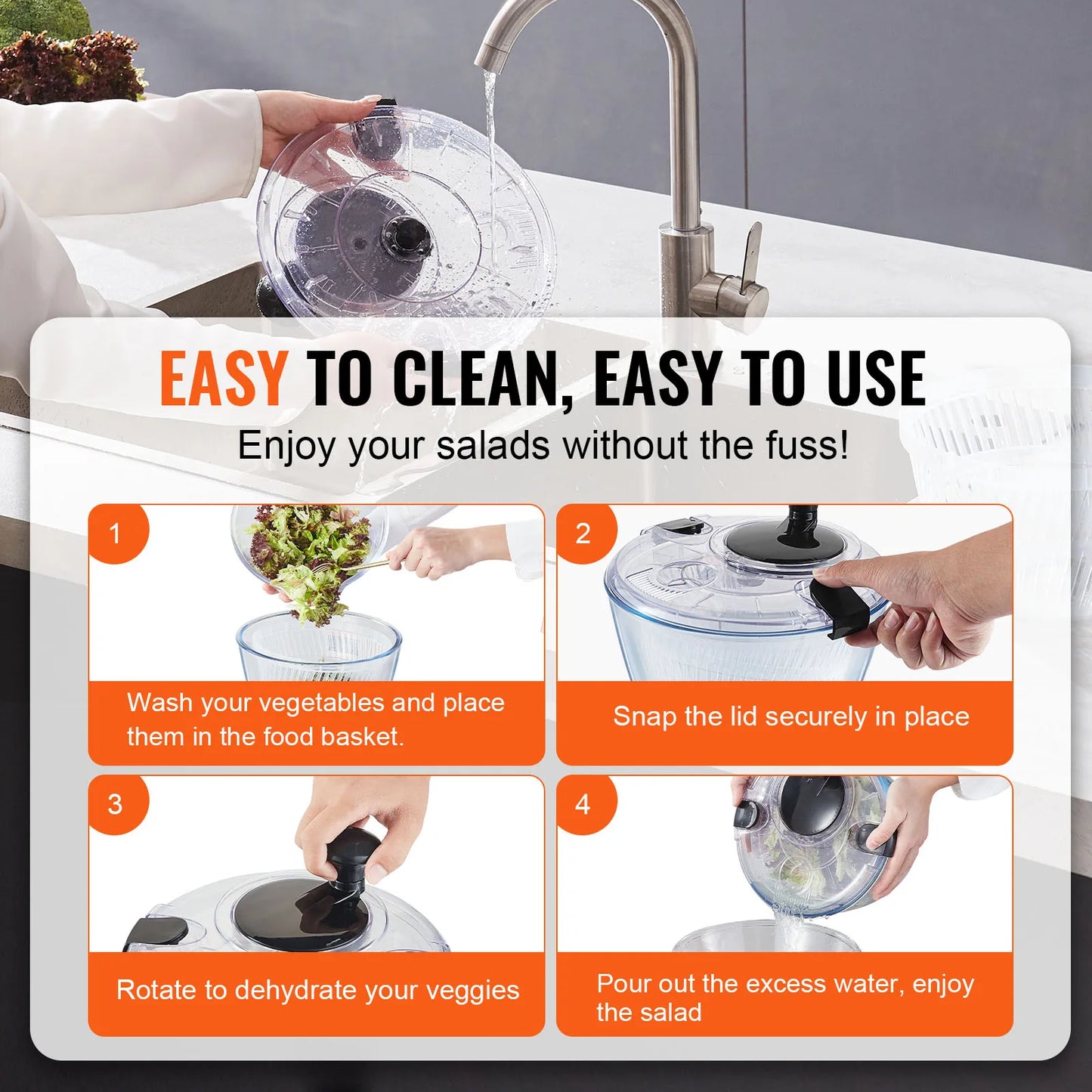 VEVOR Glass Salad Spinner One Handed Easy Press For Greens