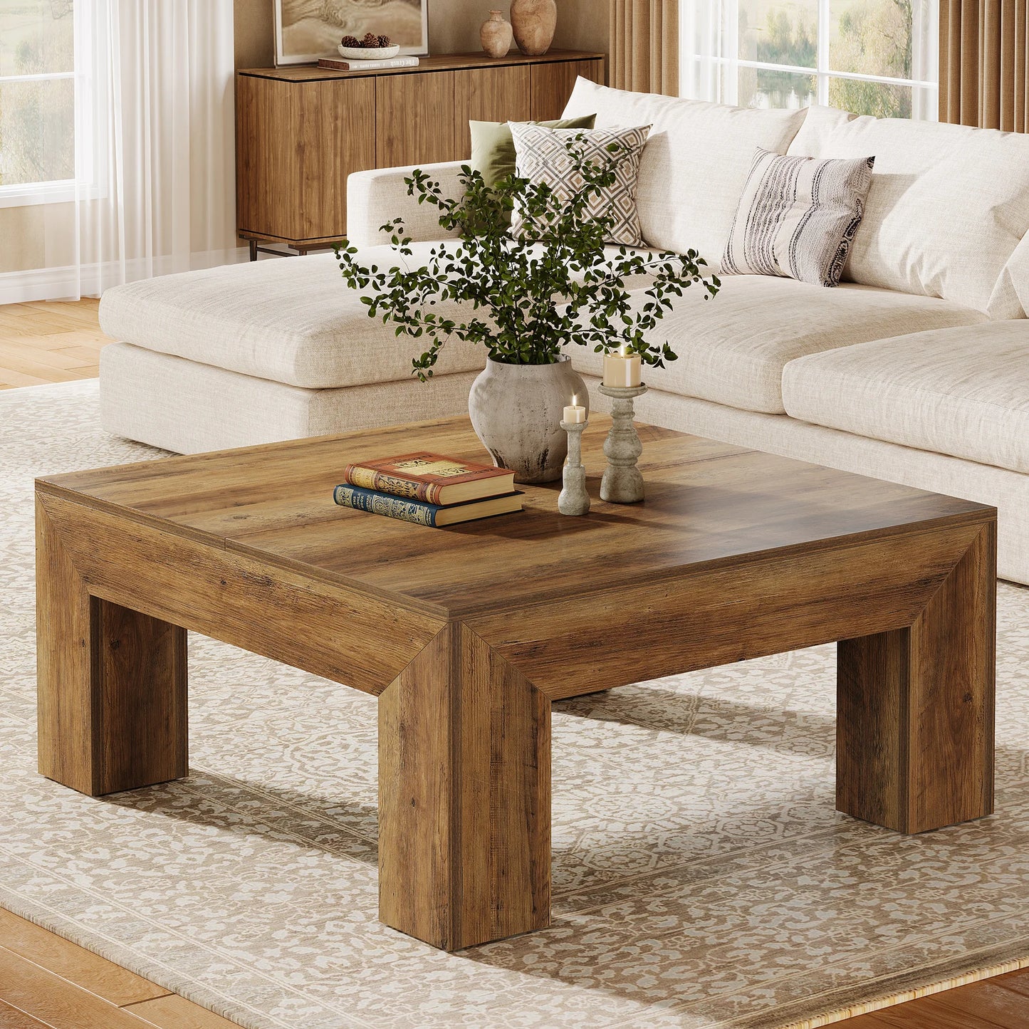 Tribesigns Farmhouse Square Coffee Table Sturdy Wooden Legs