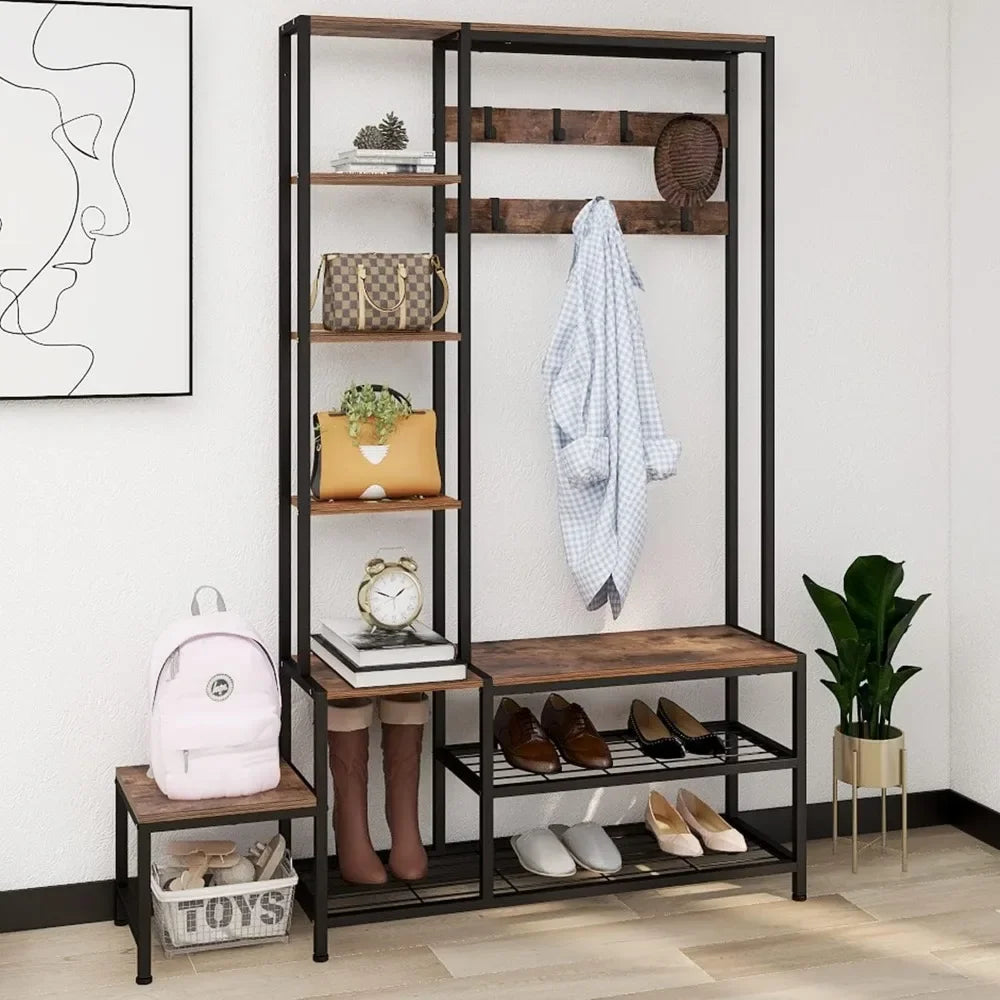 Shoe Storage Bench Coat Rack With 7 Hooks And Shelves