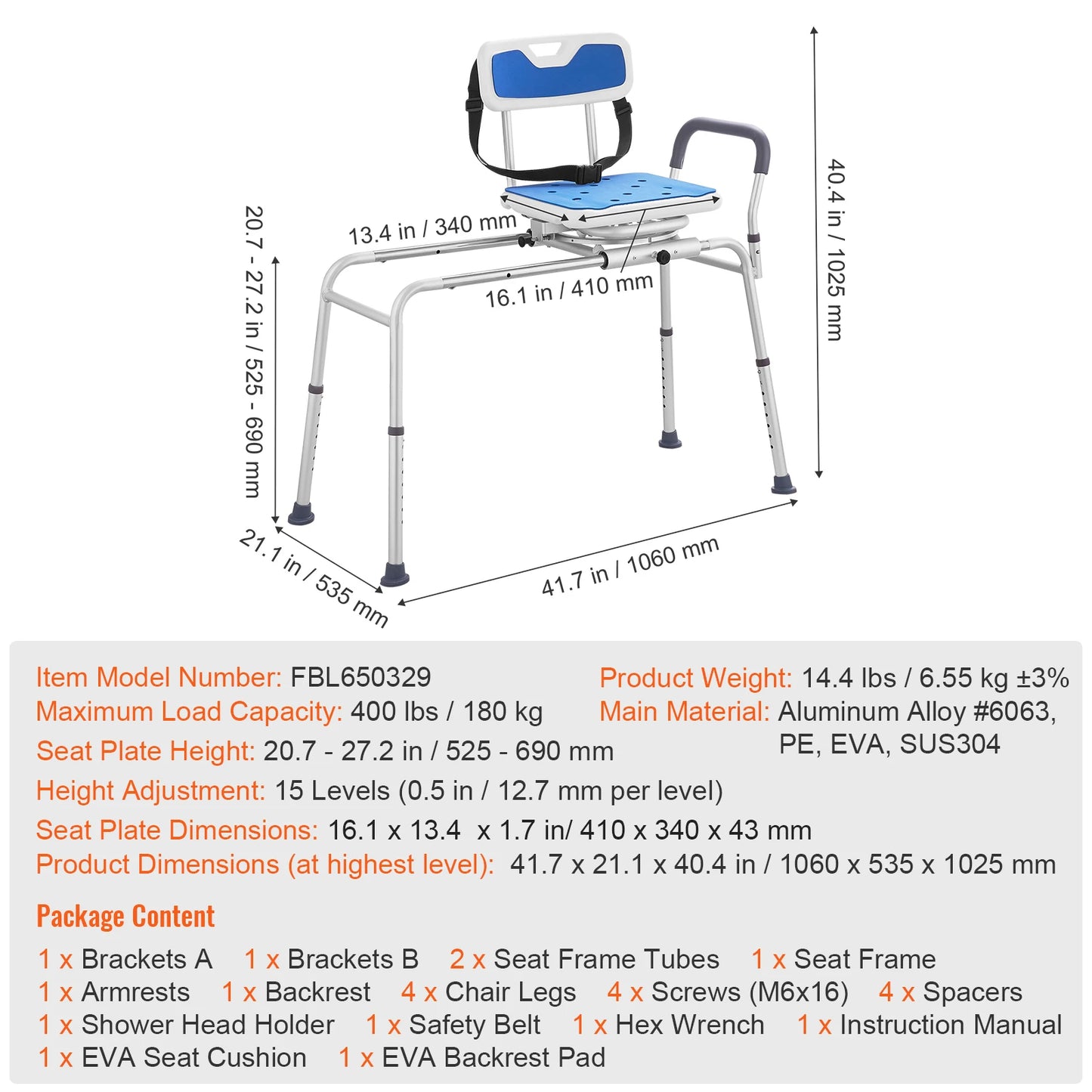 Sliding Tub Transfer Bench With 360 Degree Swivel Seat And Safety Belt