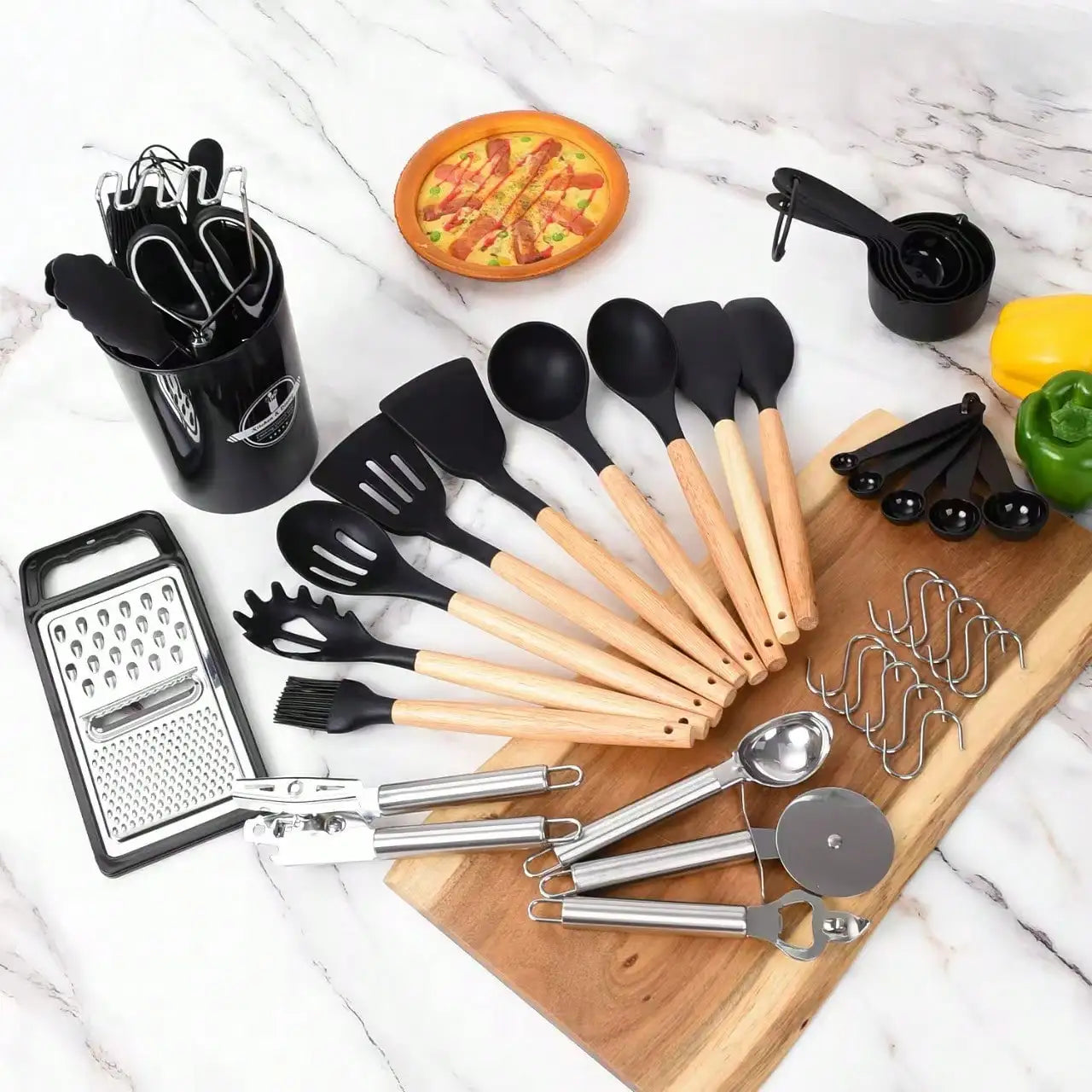 44 Piece Silicone Kitchen Utensil Set With Holder And Wood Handle