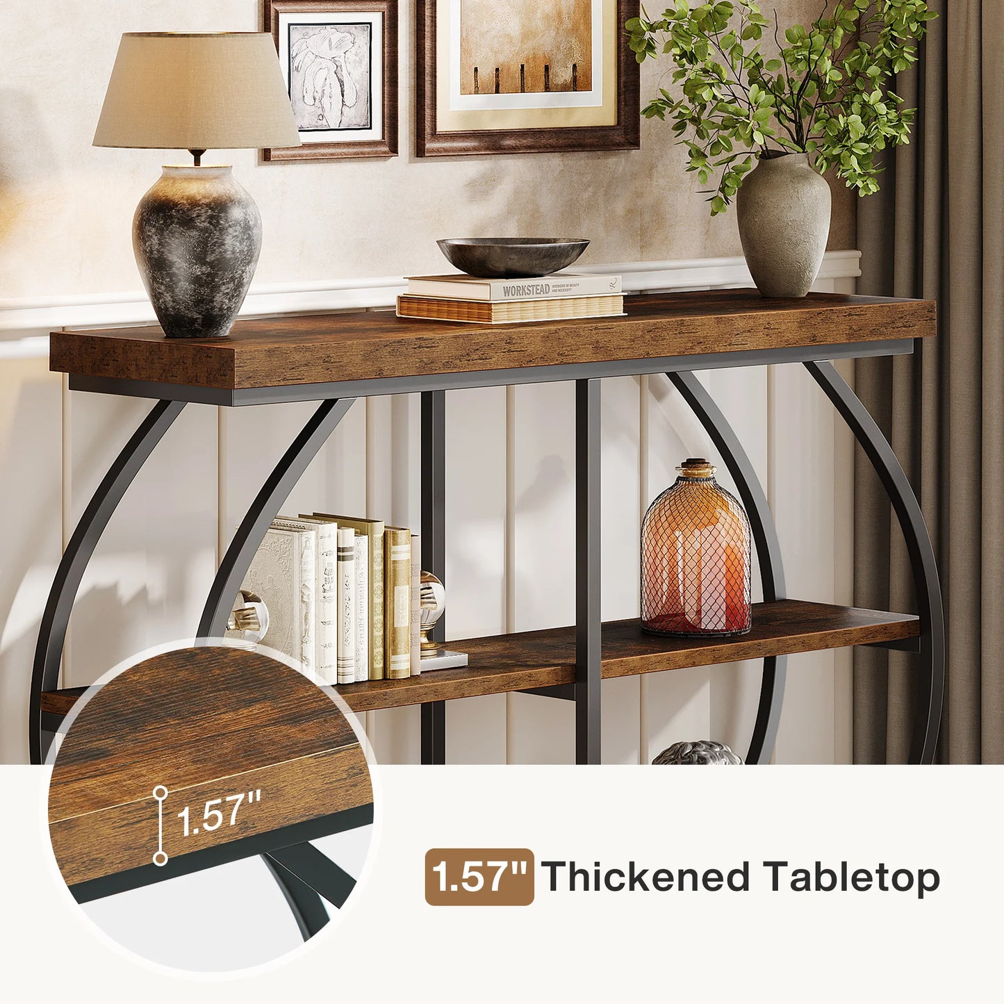 Tribesigns Industrial SteelFrame Console Table ThreeTier Entryway With Storage Shelves