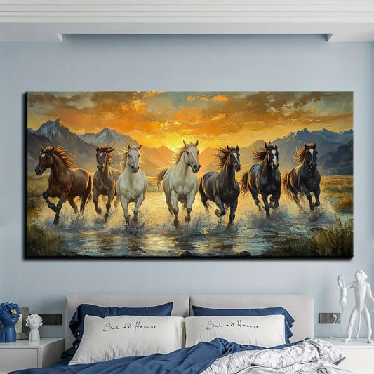 Feng Shui Seven Horses Canvas Wall Art With Pine Frame Waterproof Sunset Scene Decor