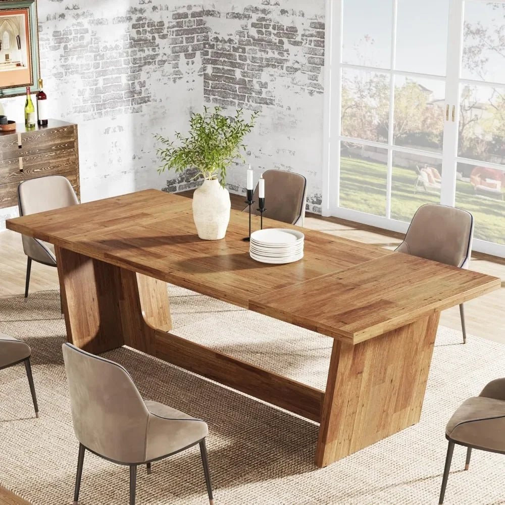 Wooden Farmhouse Dining Table With Sturdy Base