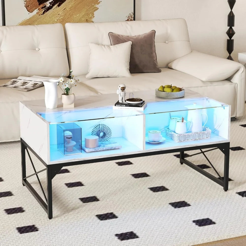 LED Coffee Table With Glass Top And 4 Storage Cubes