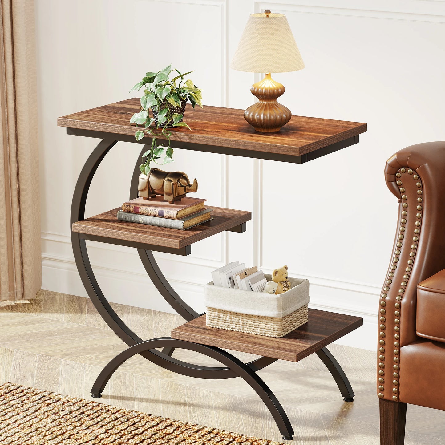 Tribesigns C Shaped End Table 3 Tier Industrial Sofa Side Table With Storage Shelves
