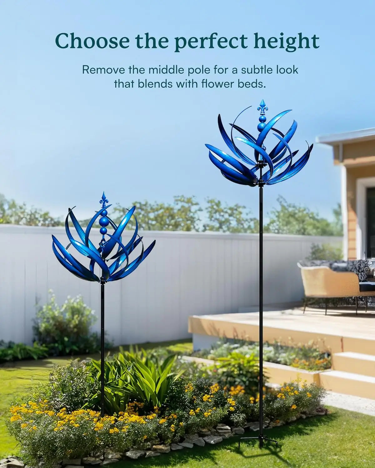 Metal Wind Spinner Garden Decor With Blue Lotus Weather Resistant