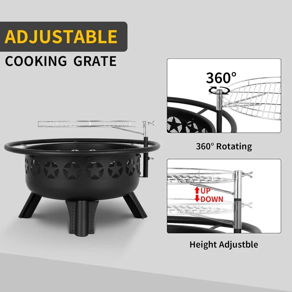 2 In 1 Fire Pit With Grill Swivel Cooking Grate Wood Burning Durable Powder Coated Alloy Steel For Backyard