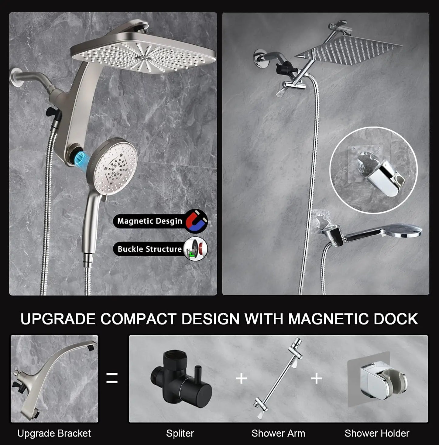 High Pressure Rain Shower Head With Magnetic Docking Handheld Spray Combo