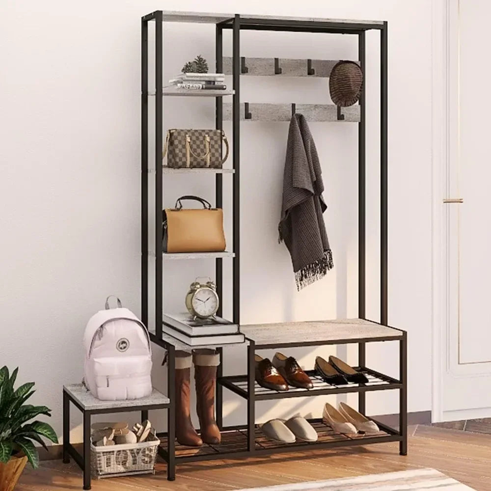 Shoe Storage Bench Coat Rack With 7 Hooks And Shelves