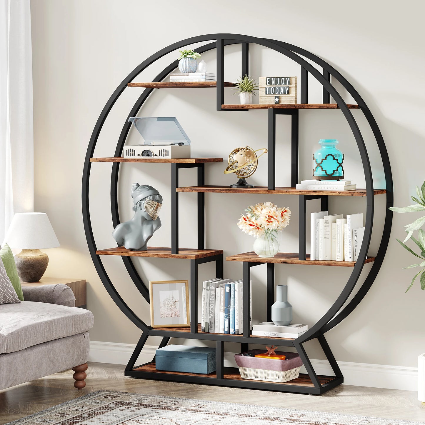 Tribesigns Round Bookshelf Etagere With Staggered Shelves