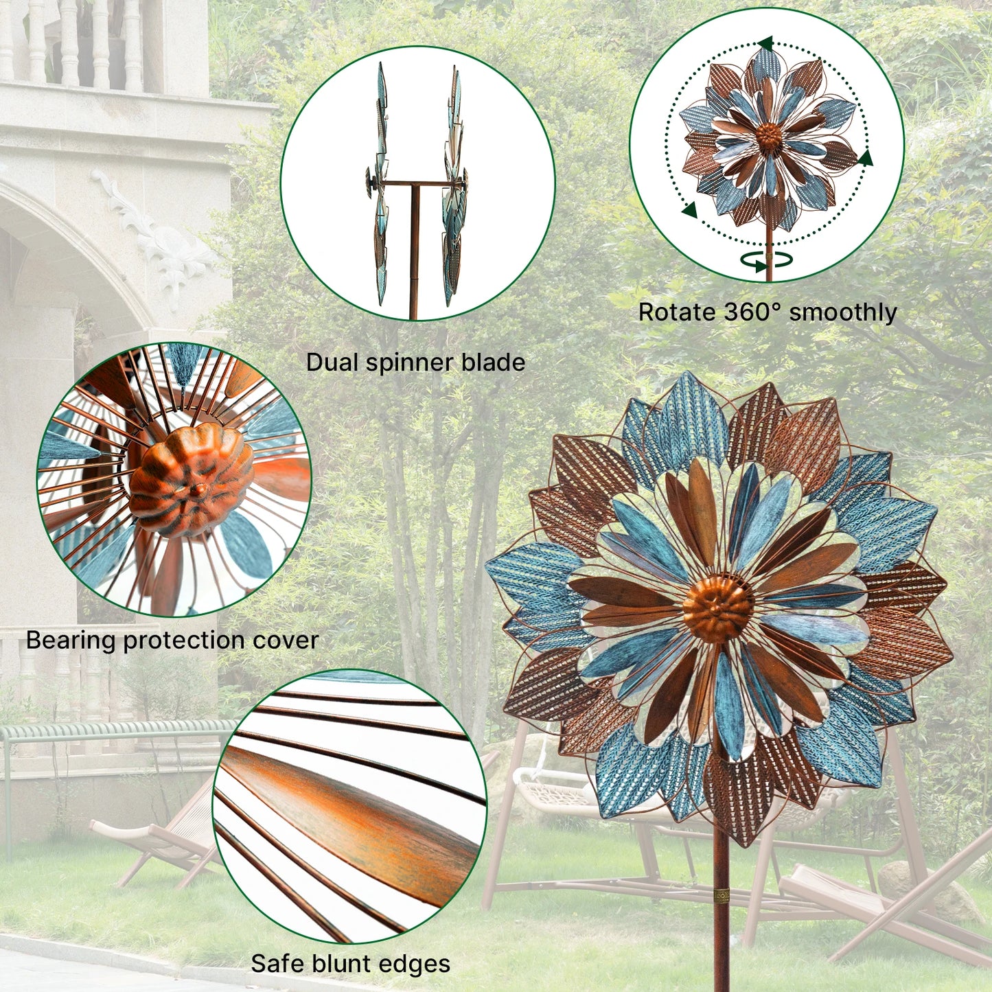 Outdoor Metal Kinetic Wind Spinners Garden Yard Art With Welcome Flag 2 Pcs