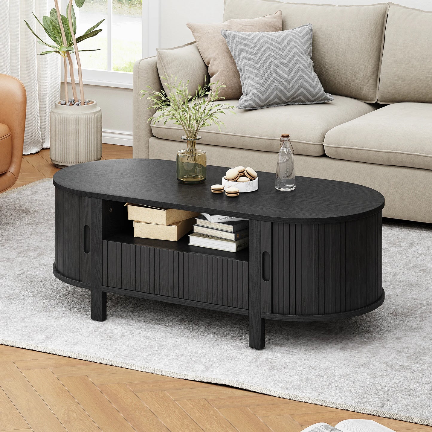 Oval Fluted Coffee Table With Cabinets And Sliding Doors Modern
