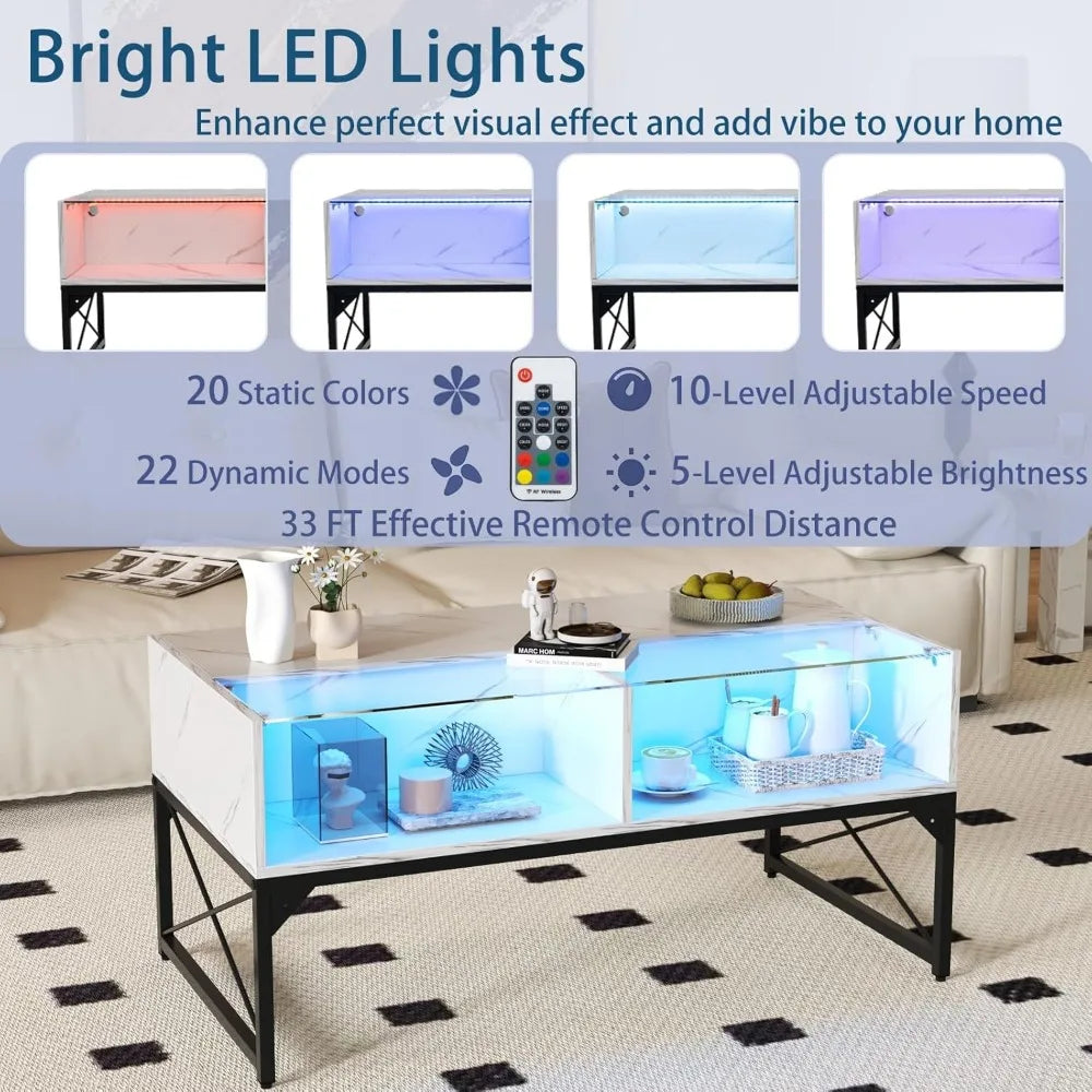 LED Coffee Table With Glass Top And 4 Storage Cubes