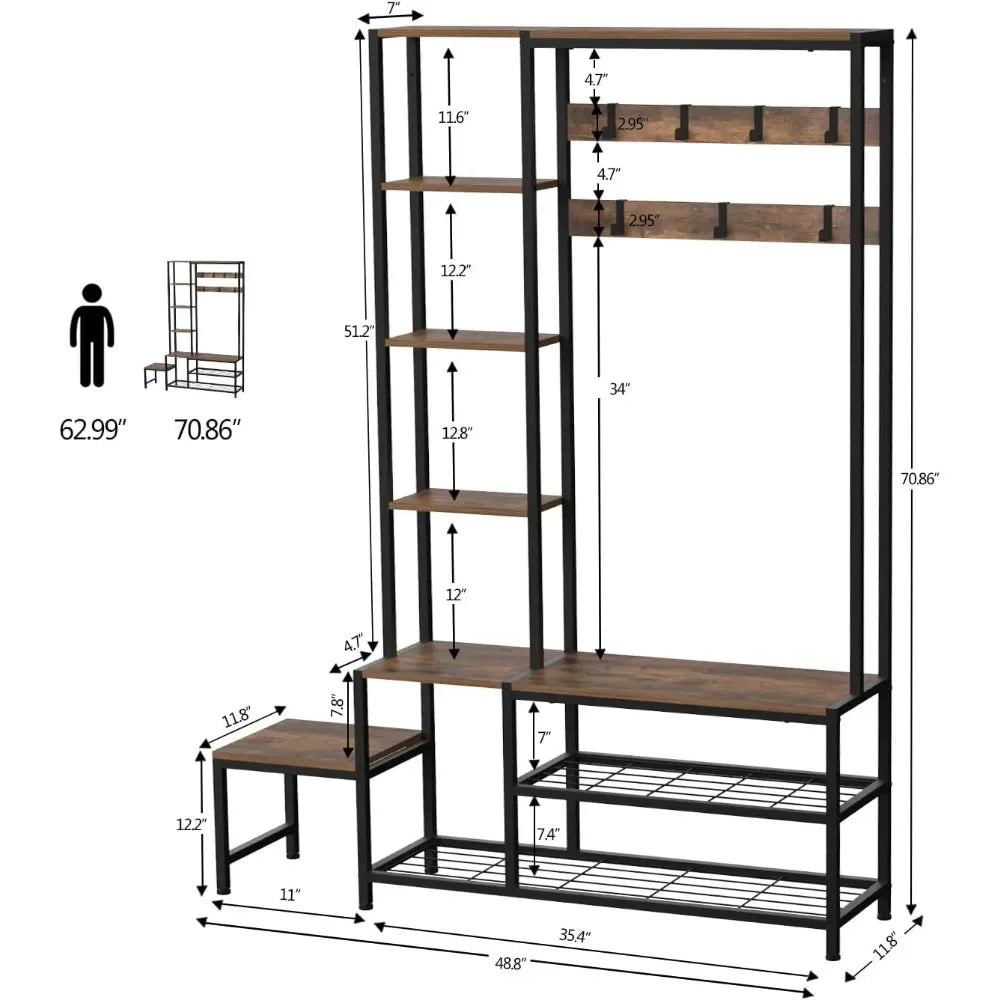 Shoe Storage Bench Coat Rack With 7 Hooks And Shelves