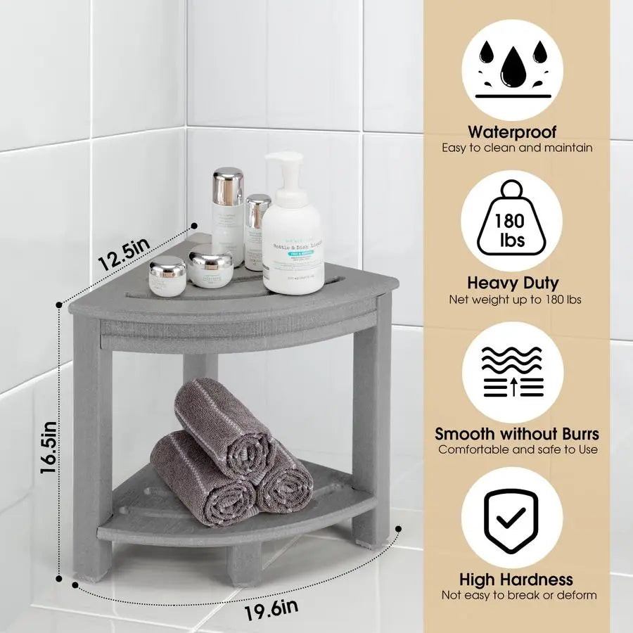 XMSJ Corner Shower Stool With Storage Shelf Plastic Bath Bench