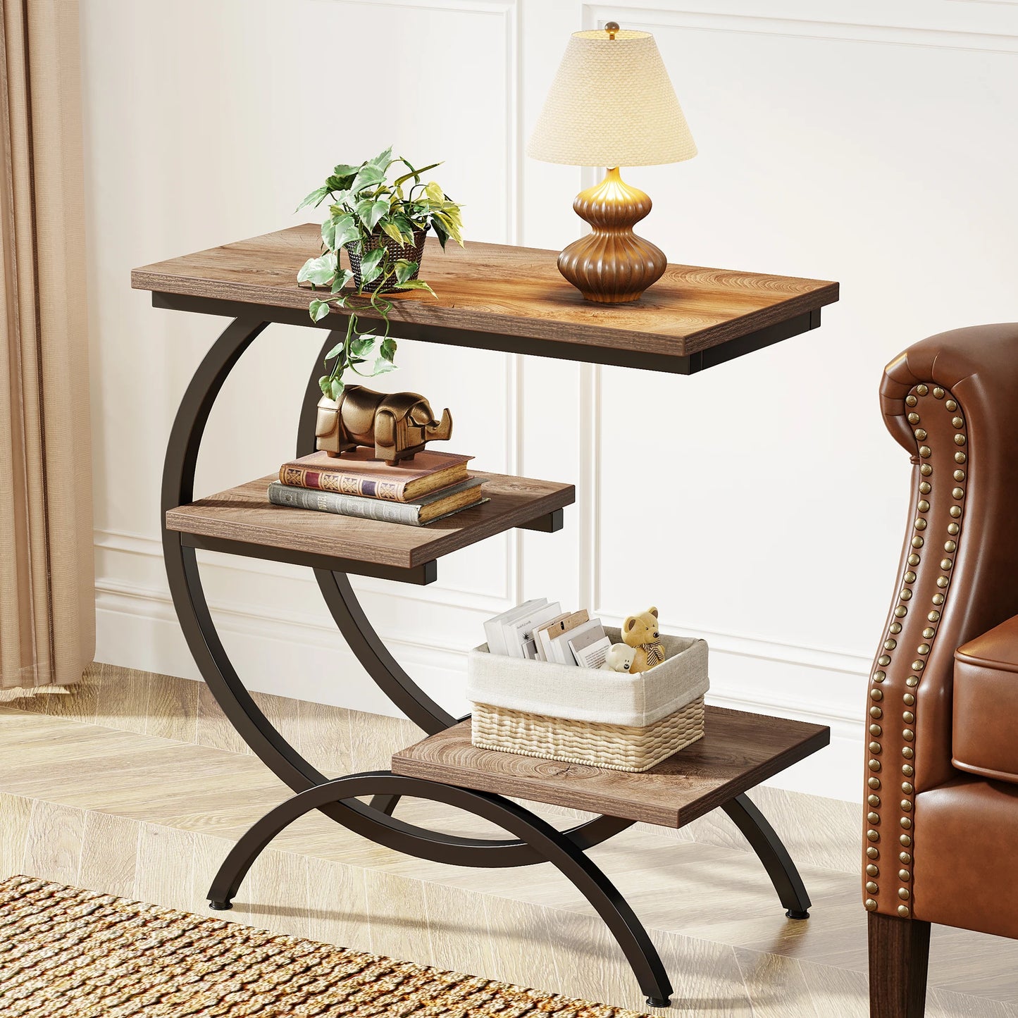 Tribesigns C Shaped End Table 3 Tier Industrial Sofa Side Table With Storage Shelves