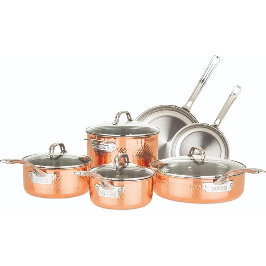 Hammered Copper 3 Ply Pots And Pans Set Glass Lids
