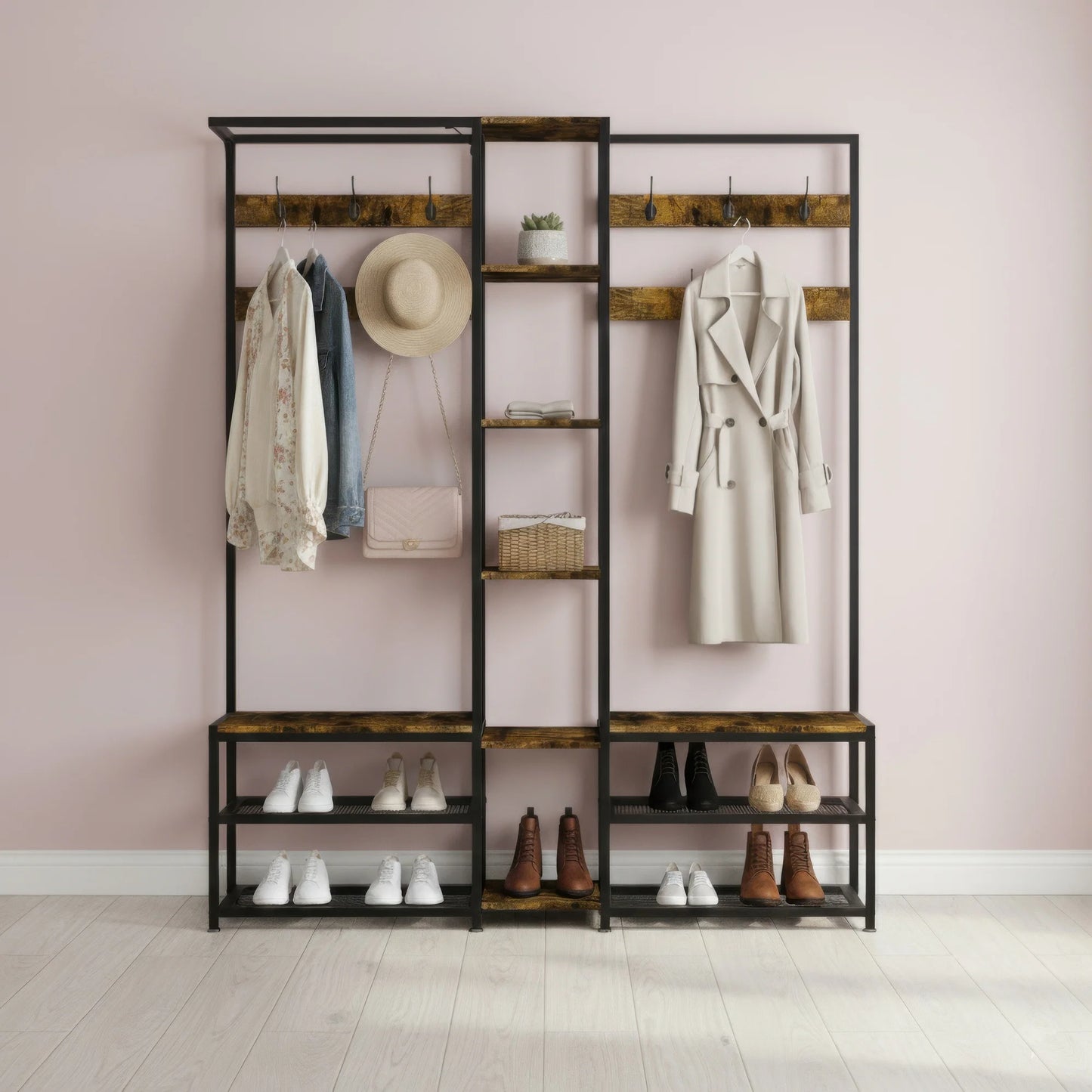 BINGOPAW Architectural-GradeIndustrial-Strength L-Shaped Corner Coat Rack With Freestanding Shelving