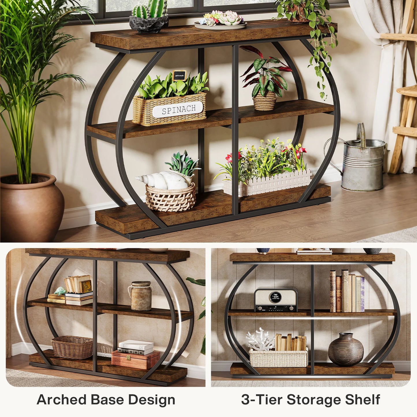 Tribesigns Industrial SteelFrame Console Table ThreeTier Entryway With Storage Shelves