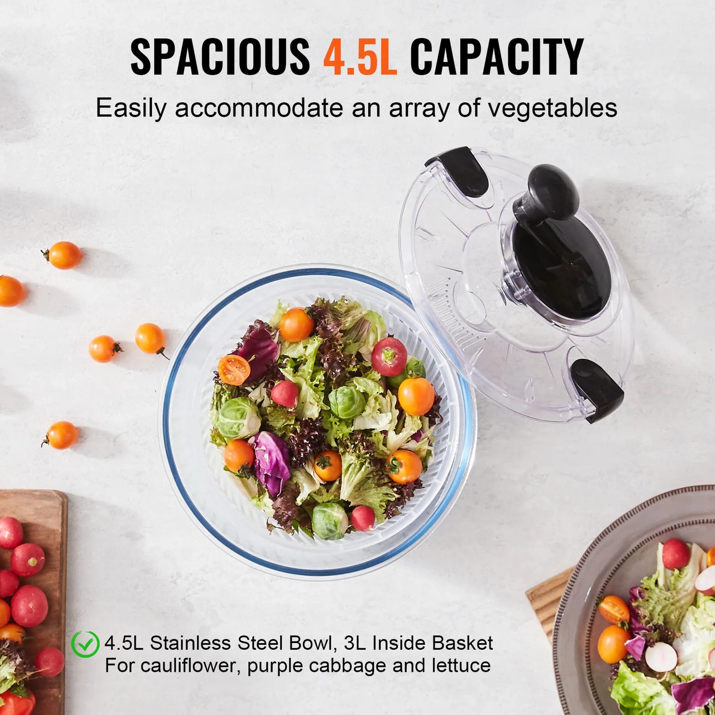 VEVOR Glass Salad Spinner One Handed Easy Press For Greens
