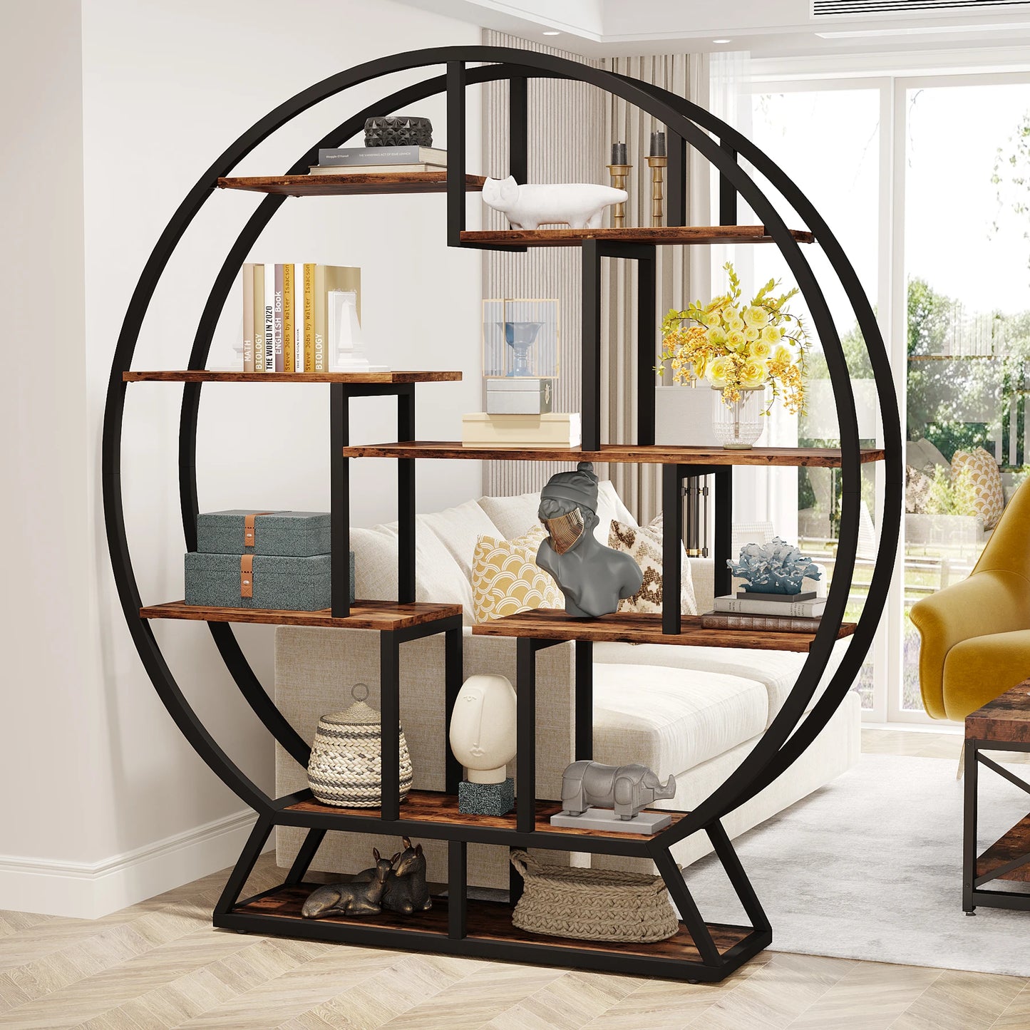 Tribesigns Round Bookshelf Etagere With Staggered Shelves