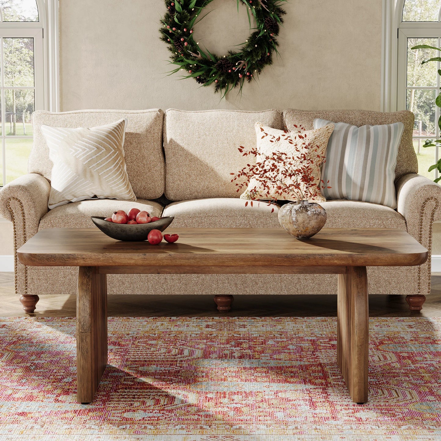 Tribesigns Farmhouse Rectangular Coffee Table With Sturdy Base