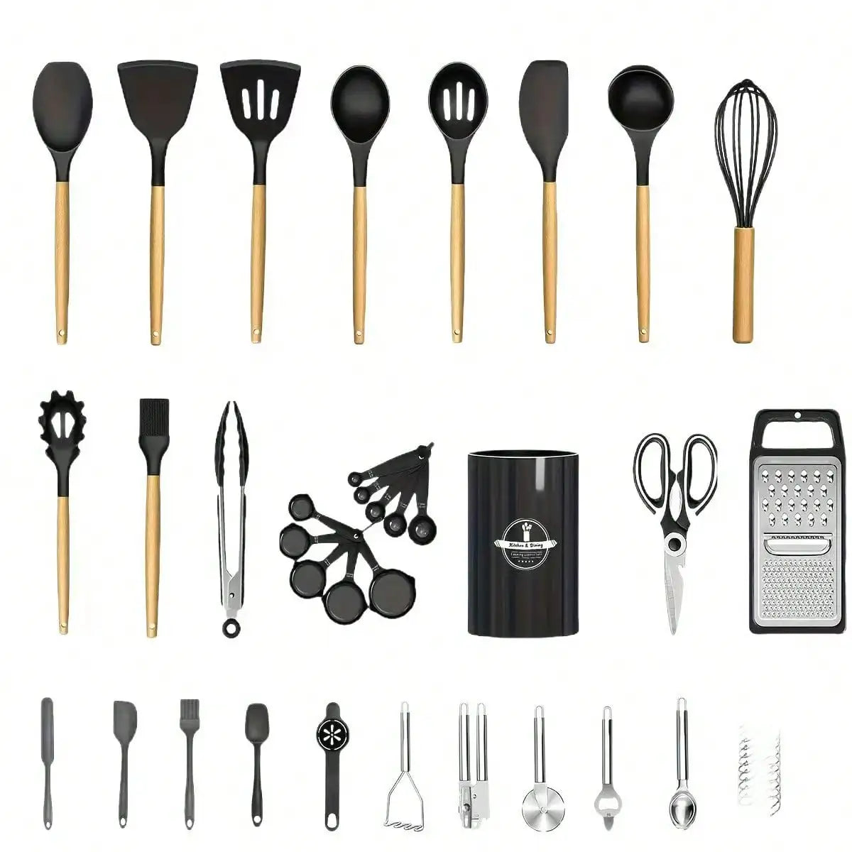 44 Piece Silicone Kitchen Utensil Set With Holder And Wood Handle