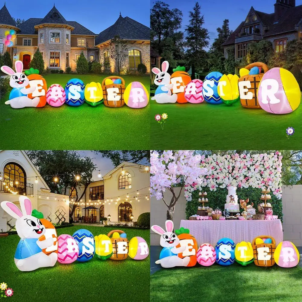 OLOEY Easter Inflatable Bunny Banner With Lights Outdoor Decor