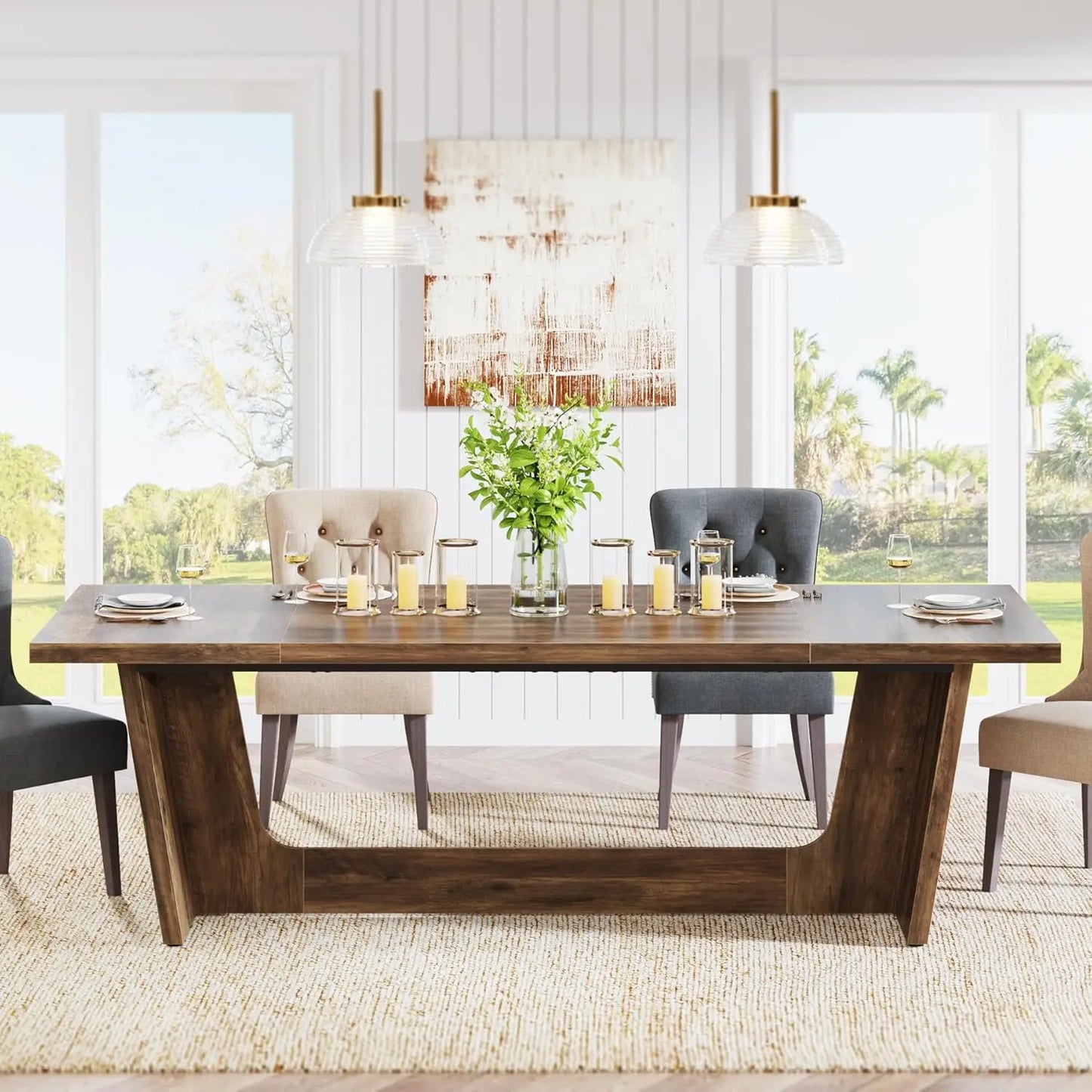 Wooden Farmhouse Dining Table With Sturdy Base