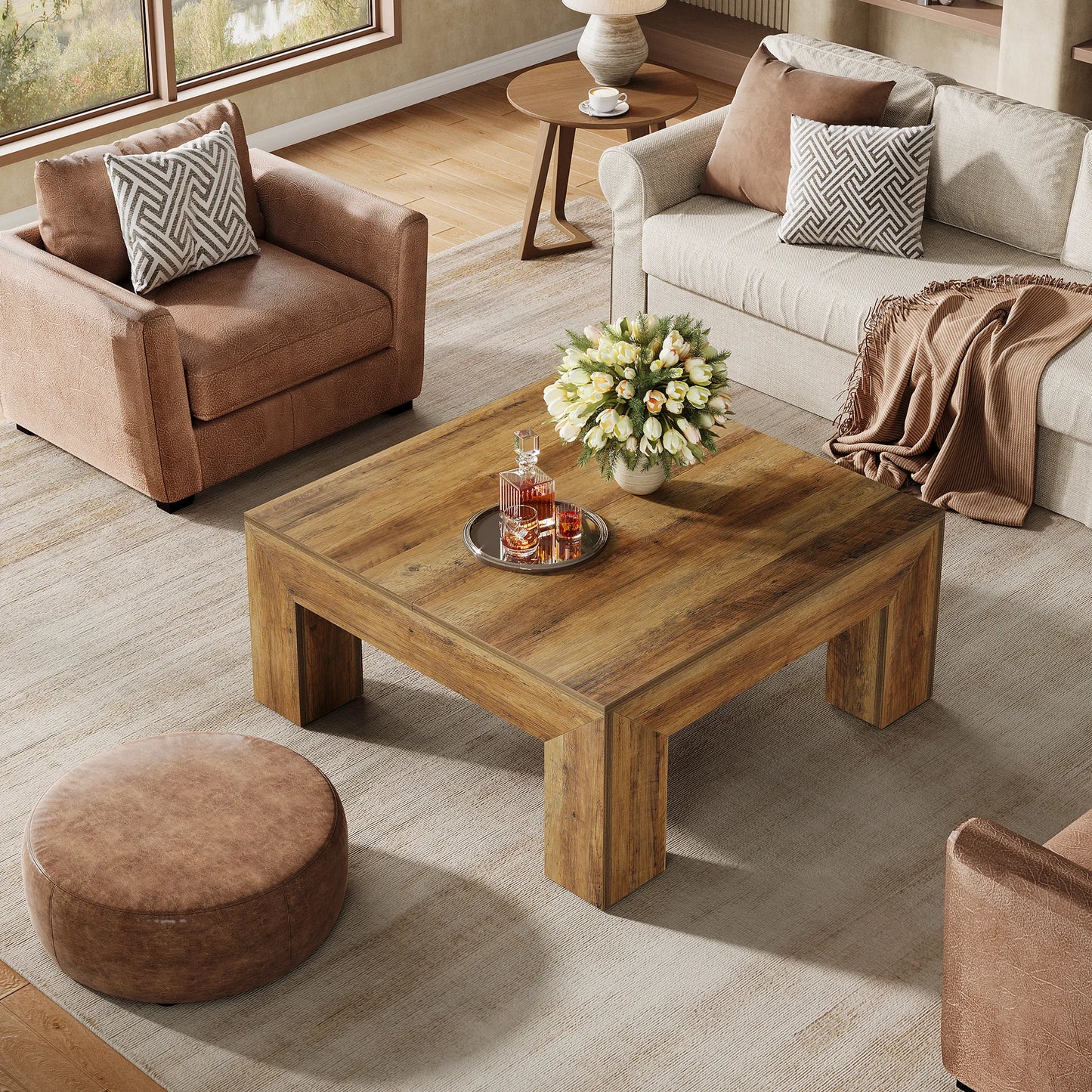 Tribesigns Farmhouse Square Coffee Table Sturdy Wooden Legs