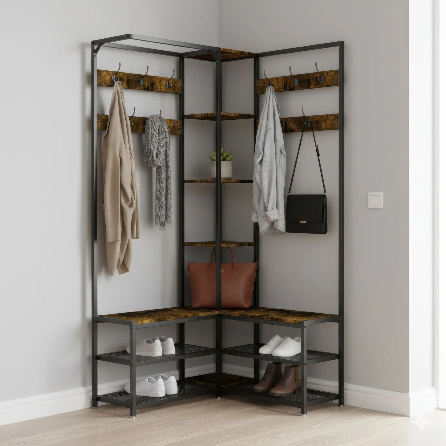 BINGOPAW Architectural-GradeIndustrial-Strength L-Shaped Corner Coat Rack With Freestanding Shelving