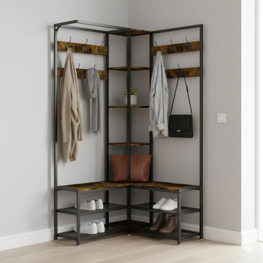 BINGOPAW Architectural-GradeIndustrial-Strength L-Shaped Corner Coat Rack With Freestanding Shelving
