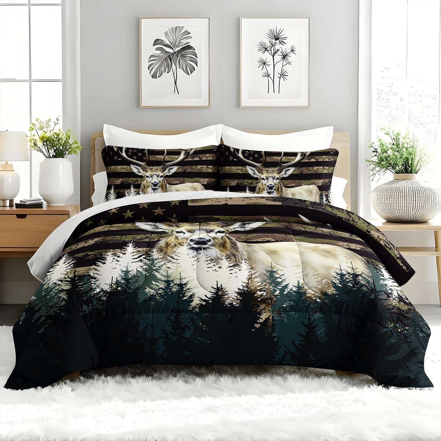 Deer Forest Camouflage Comforter Set With Pillowcases For Woodland Bedroom