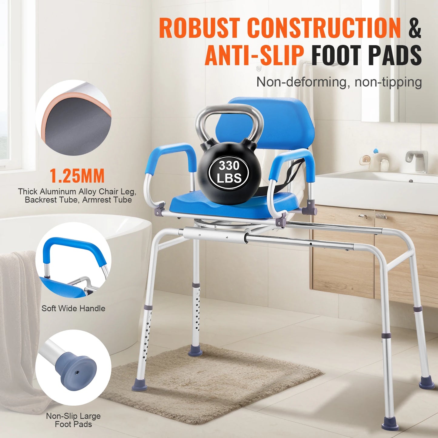 Sliding Tub Transfer Bench With 360 Degree Swivel Seat And Safety Belt