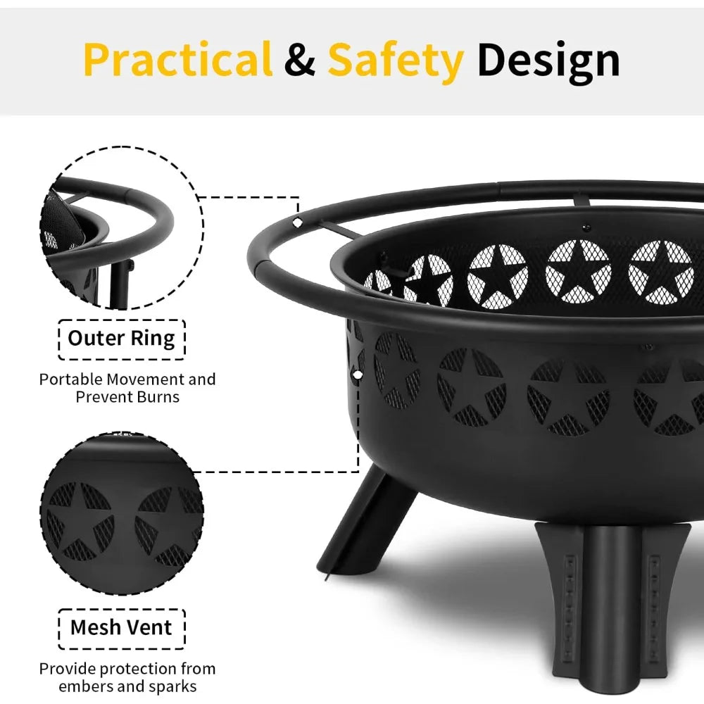 2 In 1 Fire Pit With Grill Swivel Cooking Grate Wood Burning Durable Powder Coated Alloy Steel For Backyard